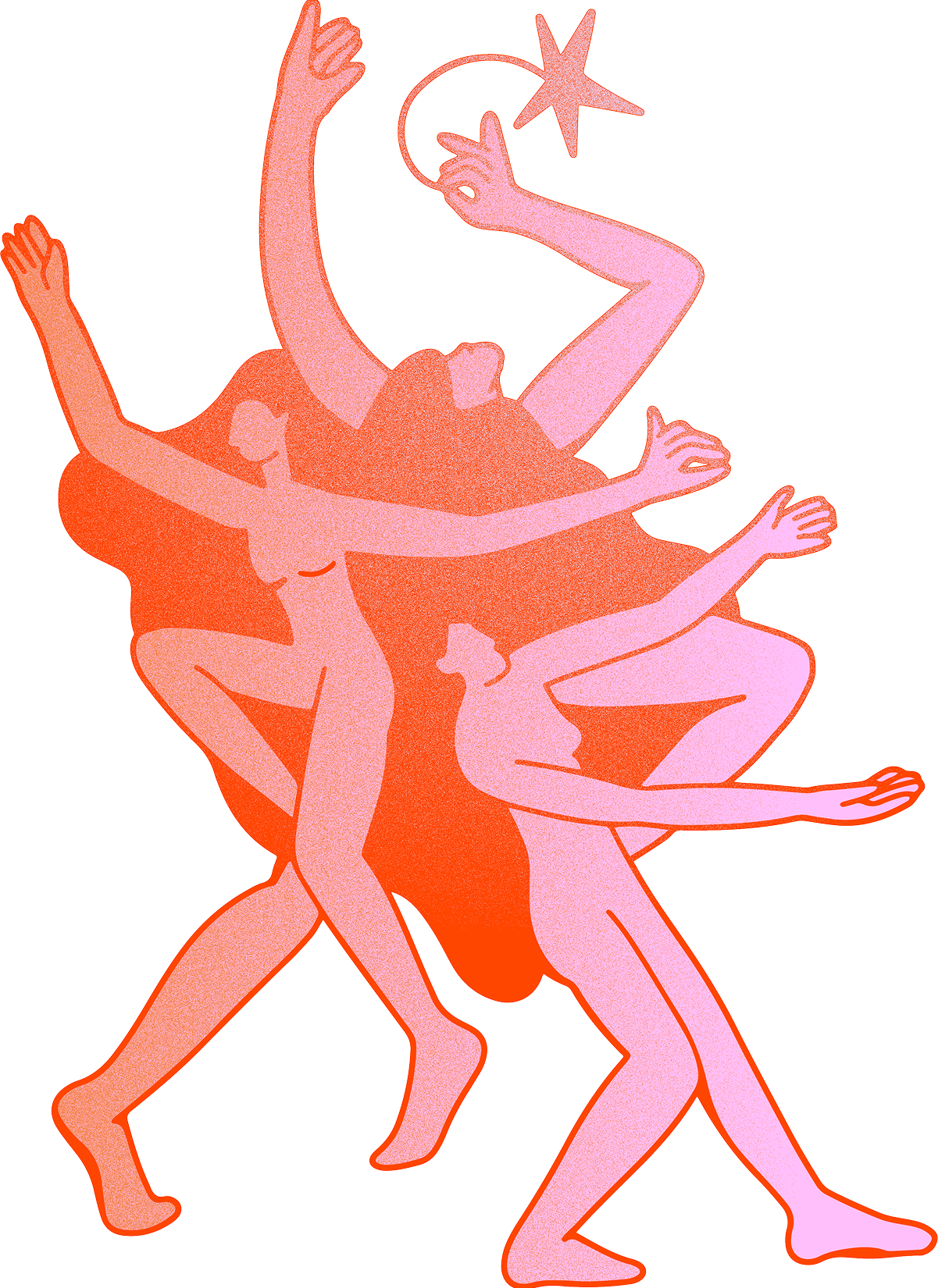 Surreal illustration of a person with multiple arms and legs in pink and red on a white background